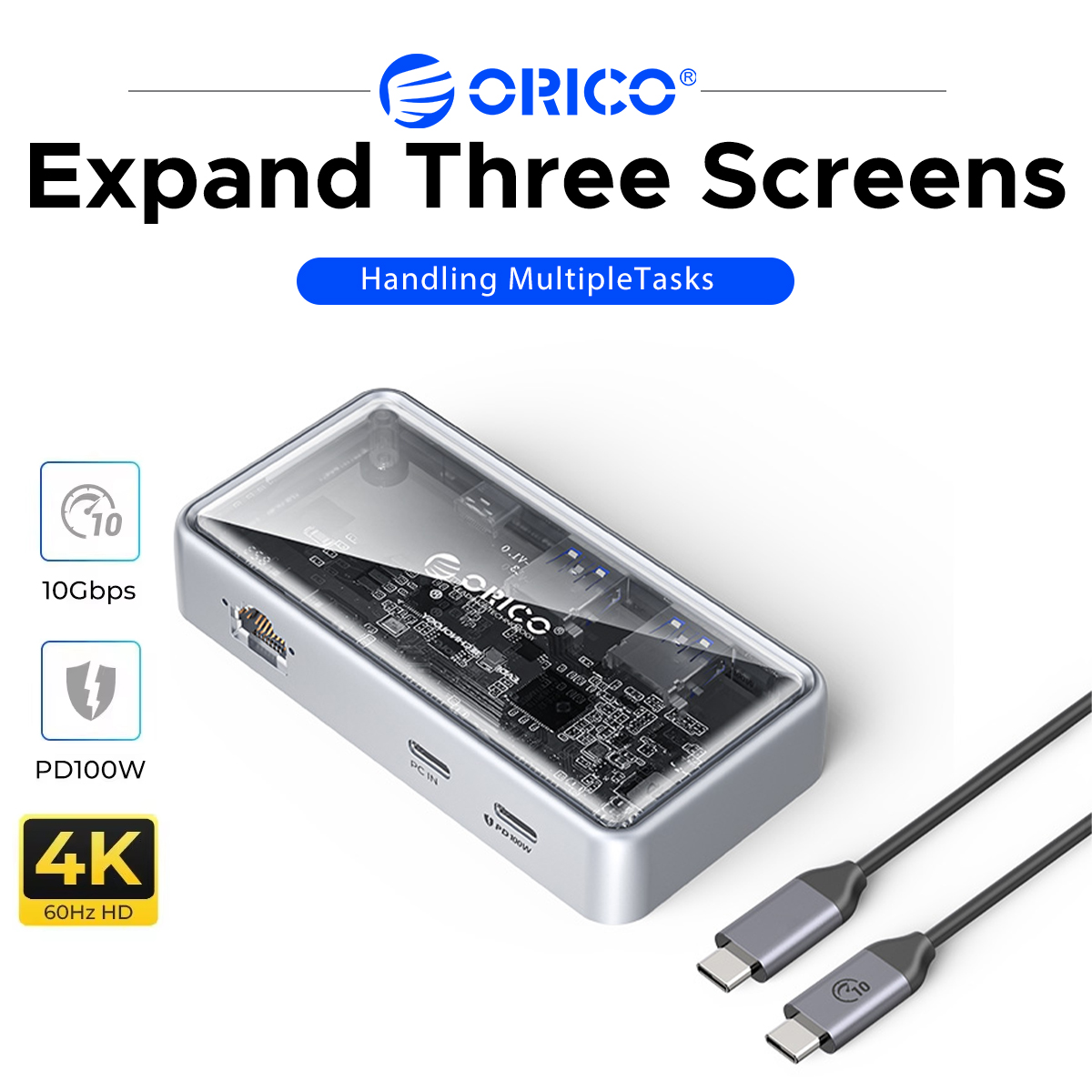 Usb C Hub Ethernet 2.5G - ORICO Przezroczysta stacja dokująca USB C