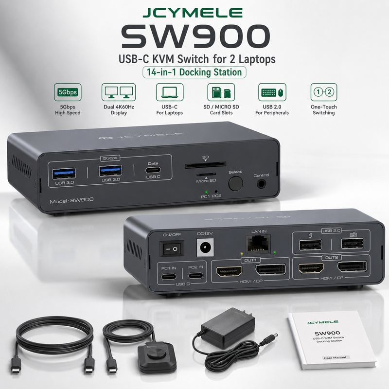 Docking Station Dual Monitor Dp Hdmi - Stacja dokująca KVM USB-C 14-w-1, obsługa