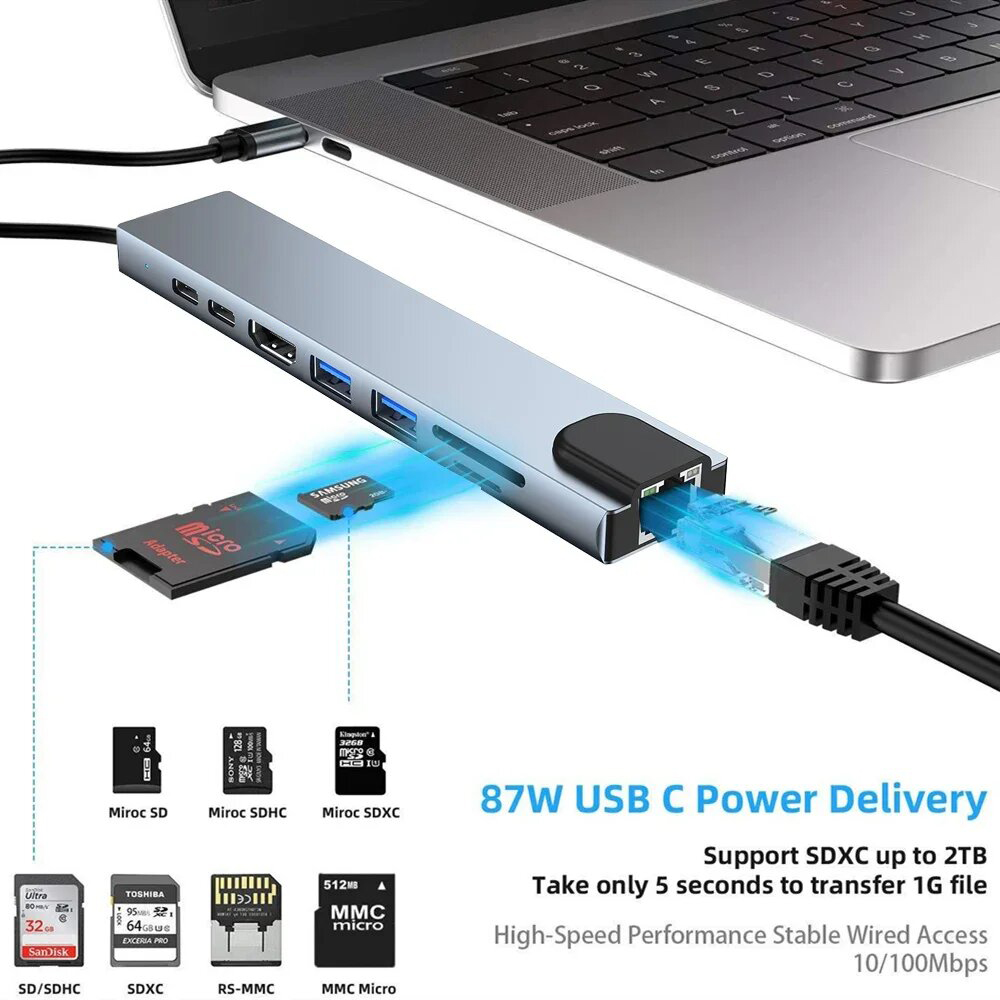 Koncentrator 8 w 1 USB typu C  – Usb C Hub Sd Card Reader 4K Hdmi recenzja i cena